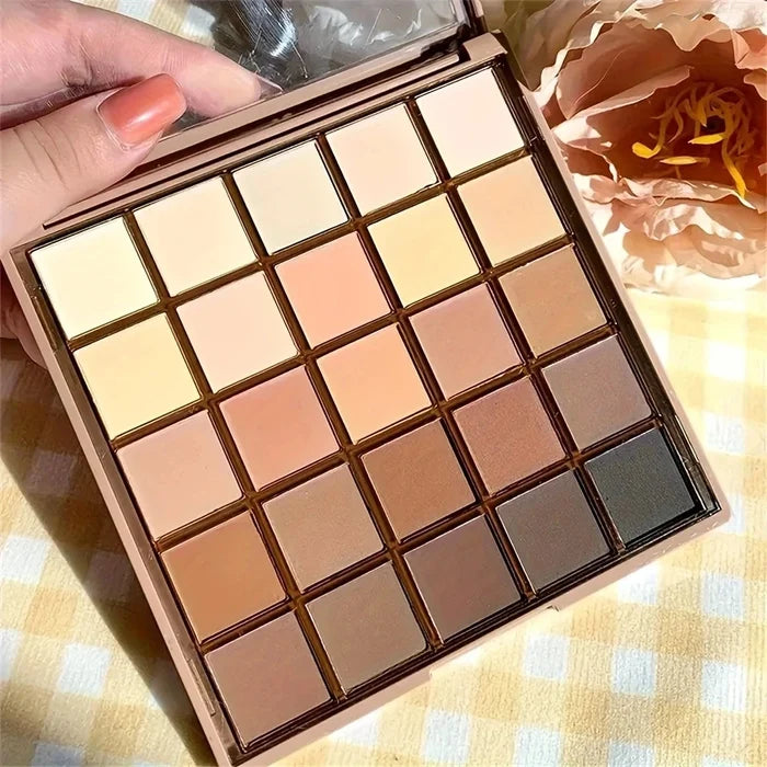 25-color eyeshadow palette - neutral gray and brown earth tones, coffee and chocolate shades