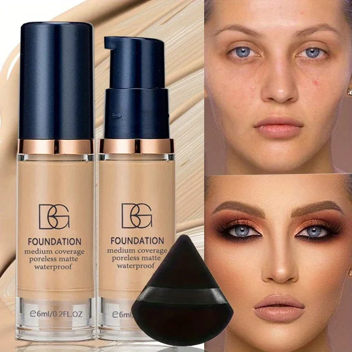 2Pcs Full Coverage Waterproof Liquid Foundation & Black Triangular Powder Puff Matte Finish