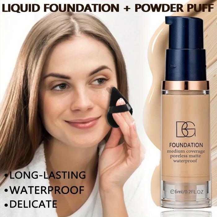 2Pcs Full Coverage Waterproof Liquid Foundation & Black Triangular Powder Puff Matte Finish