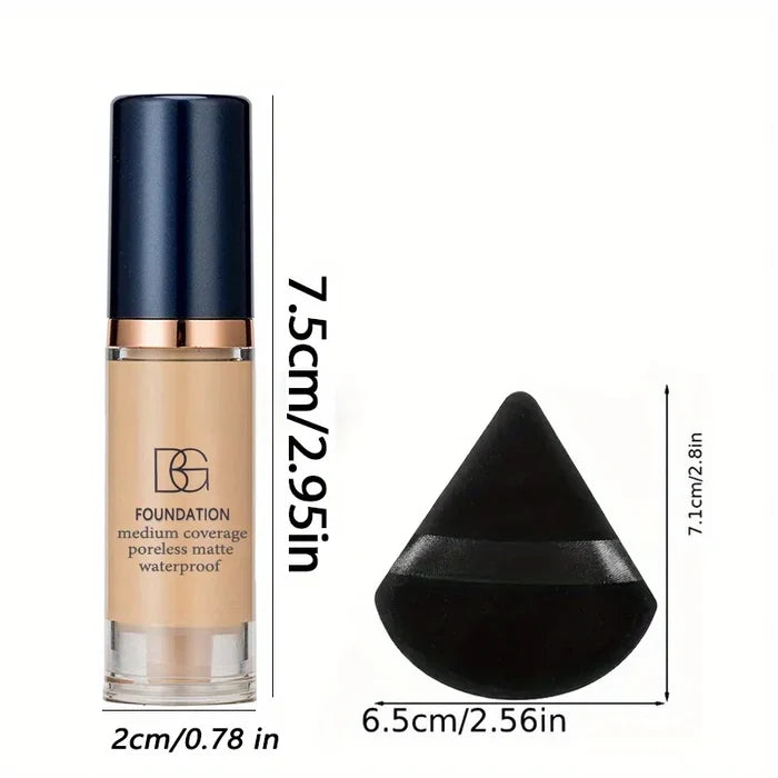 2Pcs Full Coverage Waterproof Liquid Foundation & Black Triangular Powder Puff Matte Finish