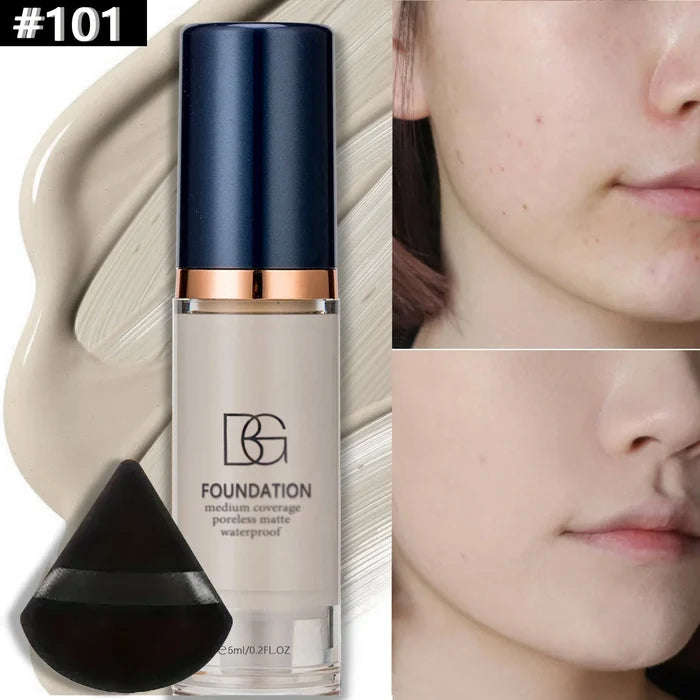 2Pcs Full Coverage Waterproof Liquid Foundation & Black Triangular Powder Puff Matte Finish
