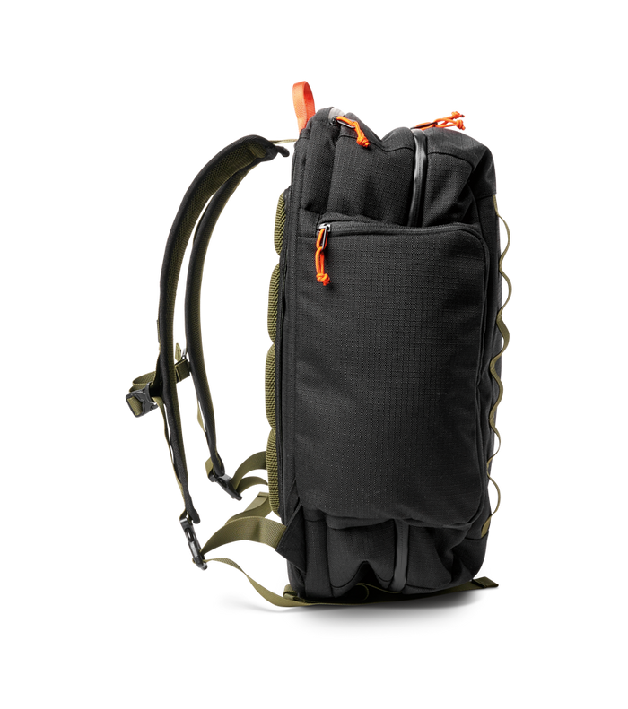 Details of the Roark 3 Day Fixer Bag showcasing its multiple compartments and secure closures.