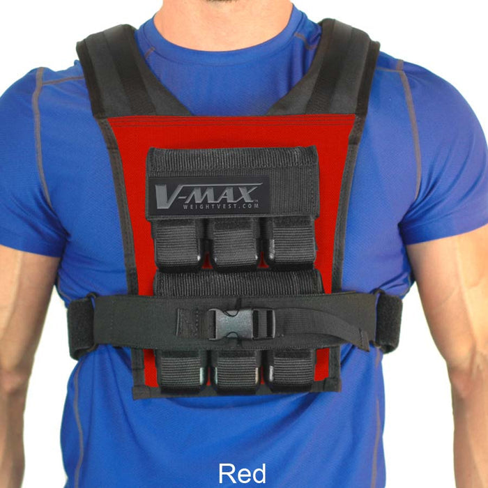 Person wearing a red and black  basketball V-MAX weighted vest on a white background
