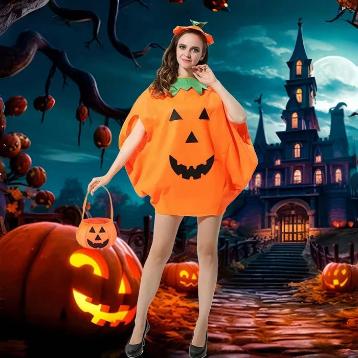 3pcs/set Halloween Pumpkin Costume, including clothes, hat, and handbag