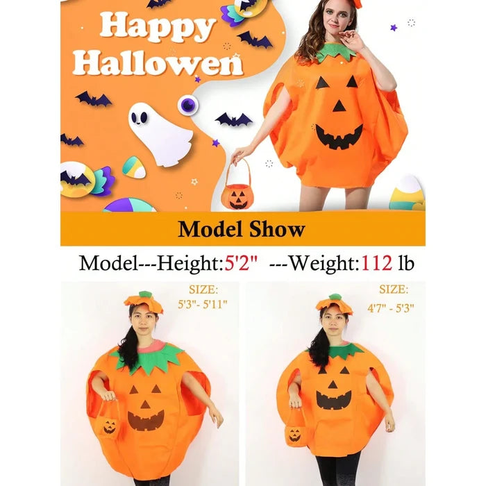 3pcs/set Halloween Pumpkin Costume, including clothes, hat, and handbag