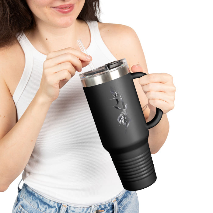 40oz Insulated Travel Mug — Black Floral Skull Design, Spill‑Resistant Tumbler with Straw