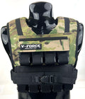 V-FORCE 45 lb Multicam weight vest on black mannequin – USA-made military-style short weighted vest for tactical training, CrossFit, and strength workouts