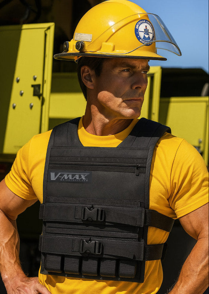 Firefighter wearing V-Max weighted vest during training for VO₂ max and job performance