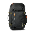 Detail shot of the Roark 5 Day Mule 55L duffel bag in black, highlighting the woven brand label.