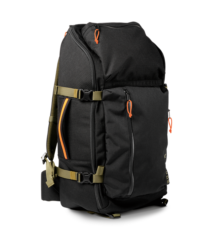 Close-up of the Roark 5 Day Mule 55L duffel bag in black, showcasing the heavy-duty zippers and reinforced stitching.