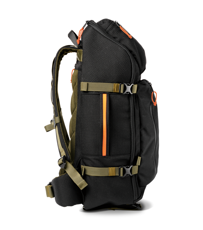 Top view of the Roark 5 Day Mule 55L duffel bag in black, showing the open main compartment with internal organization features.