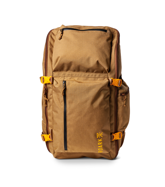 Roark 5 Day Mule 55L duffel bag in dark khaki, front view.