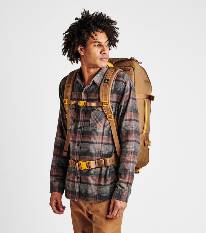 Open Roark 5 Day Mule 55L duffel bag in dark khaki, showing spacious interior.