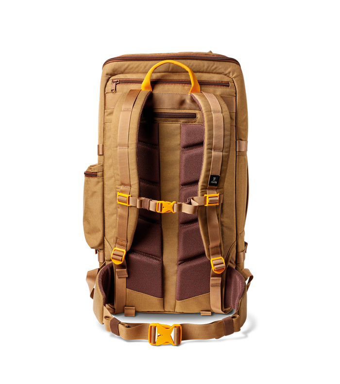 Flat lay of the Roark 5 Day Mule 55L duffel bag in dark khaki, displaying its full profile.