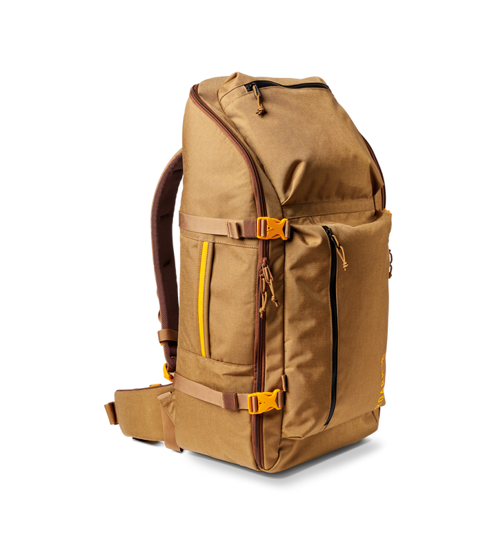 Side view of the Roark 5 Day Mule 55L duffel bag in dark khaki, highlighting its shape.