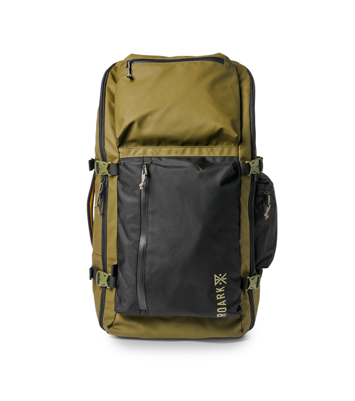 Close-up of the Roark 5 Day Mule Bag, highlighting its multiple compartments and heavy-duty zippers.