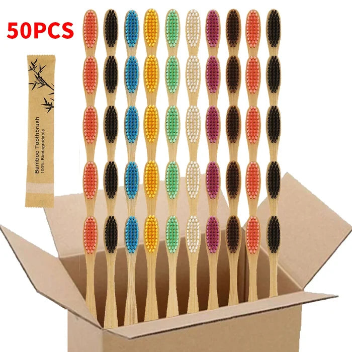 50 disposable bamboo soft bristled toothbrushes - biodegradable and easy to carry