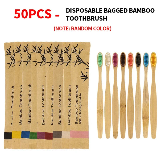 50 disposable bamboo soft bristled toothbrushes - biodegradable and easy to carry