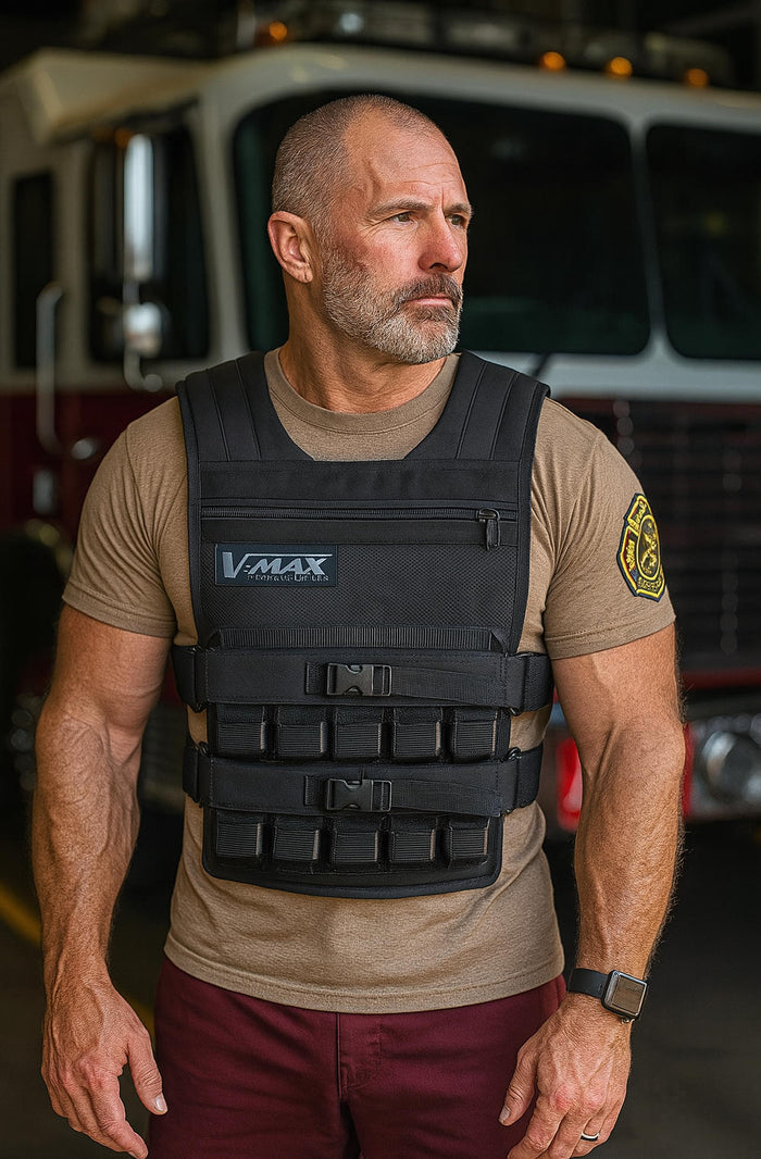 Man wearing  a V-MAX weight vest standing near fire truck for firefighter training