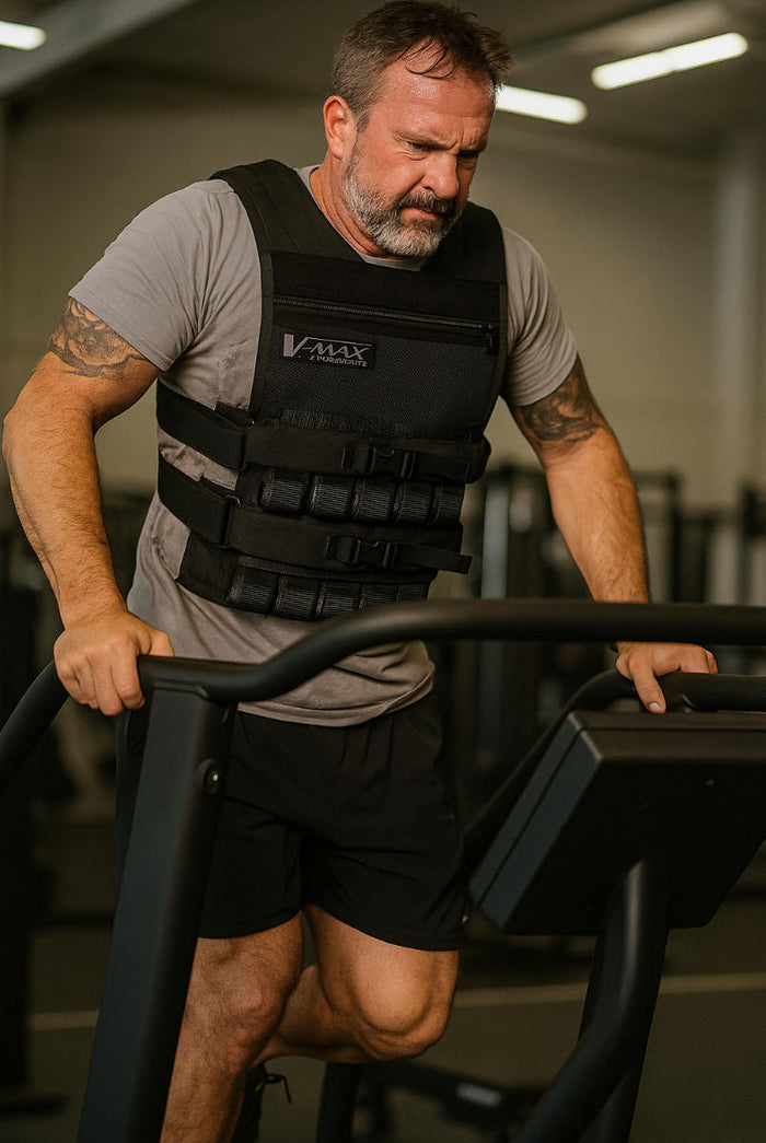 Man exercising on a treadmill wearing a weighted vest in a gym setting