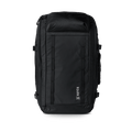 Open Roark Accomplice Mule 45L duffel bag in black, revealing its organized interior with multiple compartments and pockets.