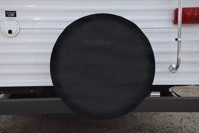 ADCO Black Spare Tire Cover Installed on RV Travel Trailer - Lifestyle View | United RV Parts