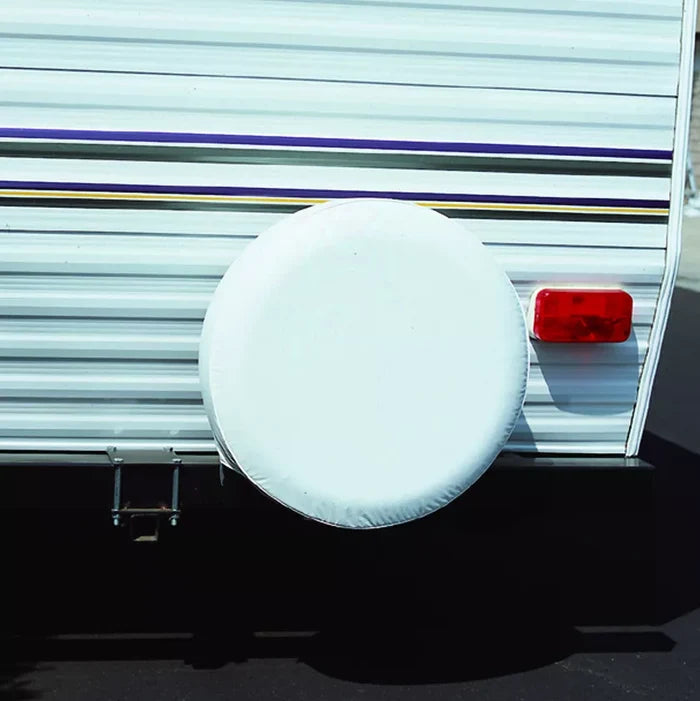 ADCO White RV Spare Tire Cover Mounted on Travel Trailer - Lifestyle Shot | United RV Parts