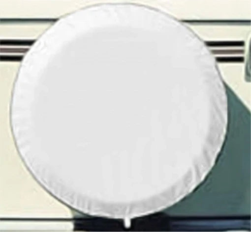 ADCO Polar White Spare Tire Cover Installed on RV - Side View | United RV Parts