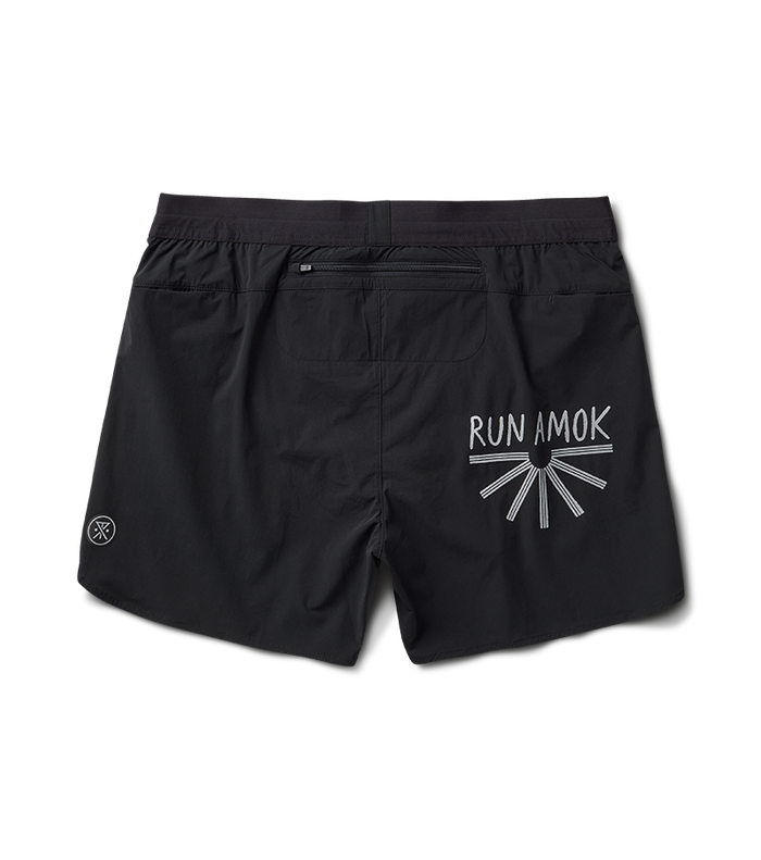 Detail shot of the Roark Alta 5" Shorts in Black, highlighting their comfortable fit and durable fabric.