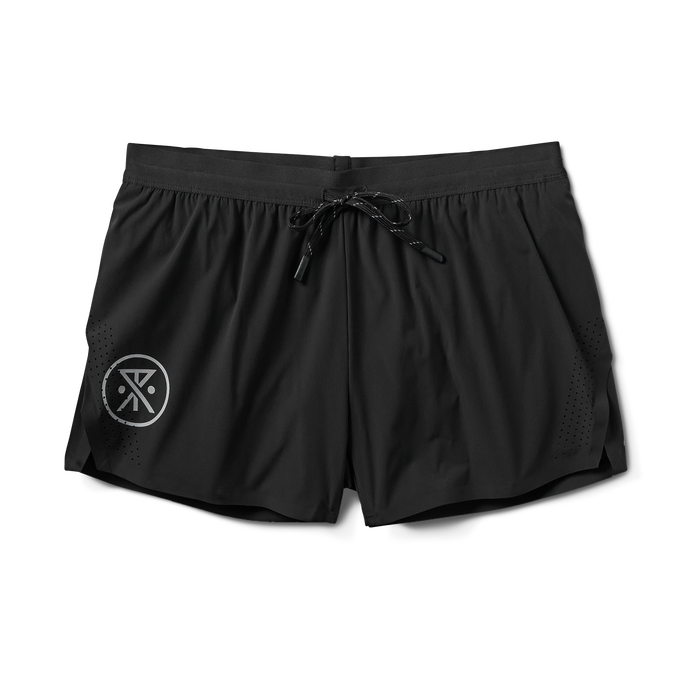Men's black running shorts with drawstring closure, featuring durable fabric and perforation for ventilation.