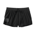 Men's black running shorts with drawstring closure, featuring durable fabric and perforation for ventilation.