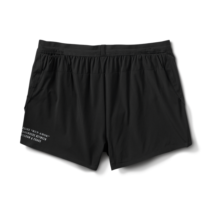 Back view of black men's athletic shorts with branding, designed for performance and style.