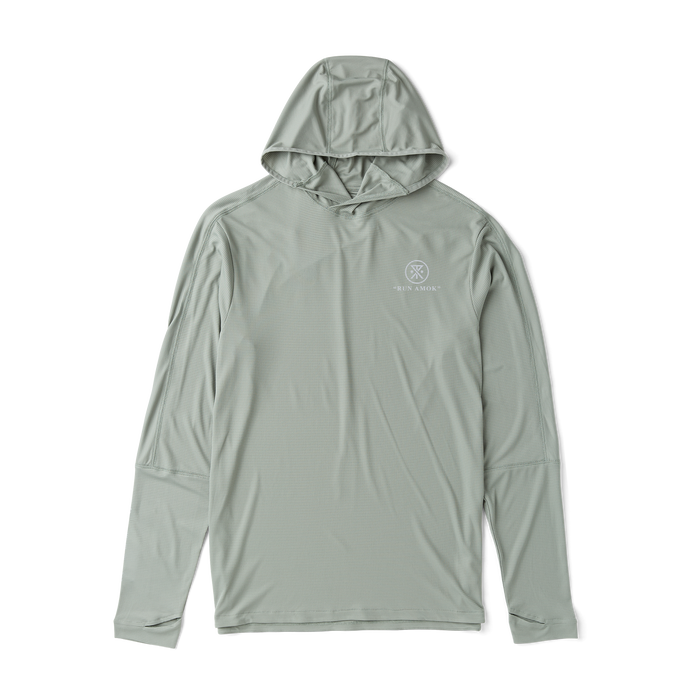 Gray long-sleeved active shirt with hood, designed for adventure and outdoor activities by Roark.