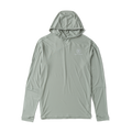 Gray long-sleeved active shirt with hood, designed for adventure and outdoor activities by Roark.