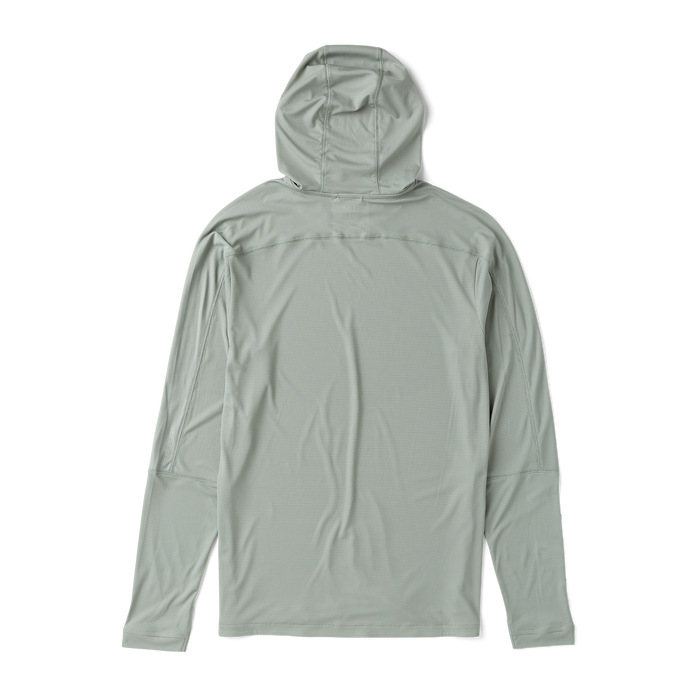 Close-up view of a versatile grey hooded jacket designed for adventure and travel by Roark.