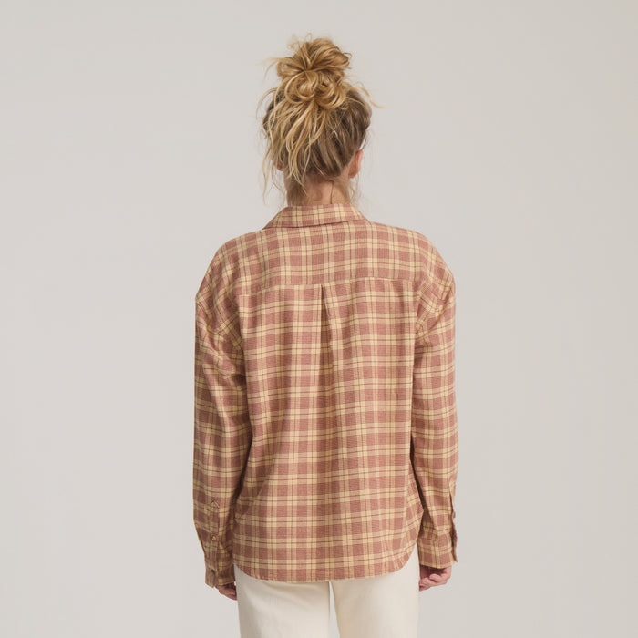 Amberley Light Long Sleeve Flannel in Cherrywood plaid worn on model from back, showing cream and red checked pattern