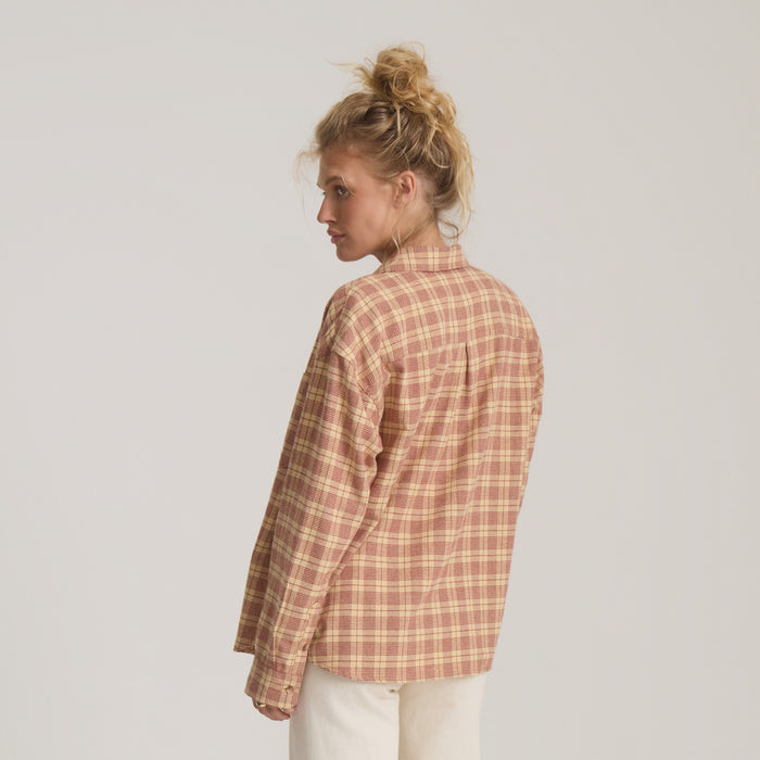 Amberley Light Long Sleeve Flannel in Cherrywood plaid, worn by model shown from back against neutral background