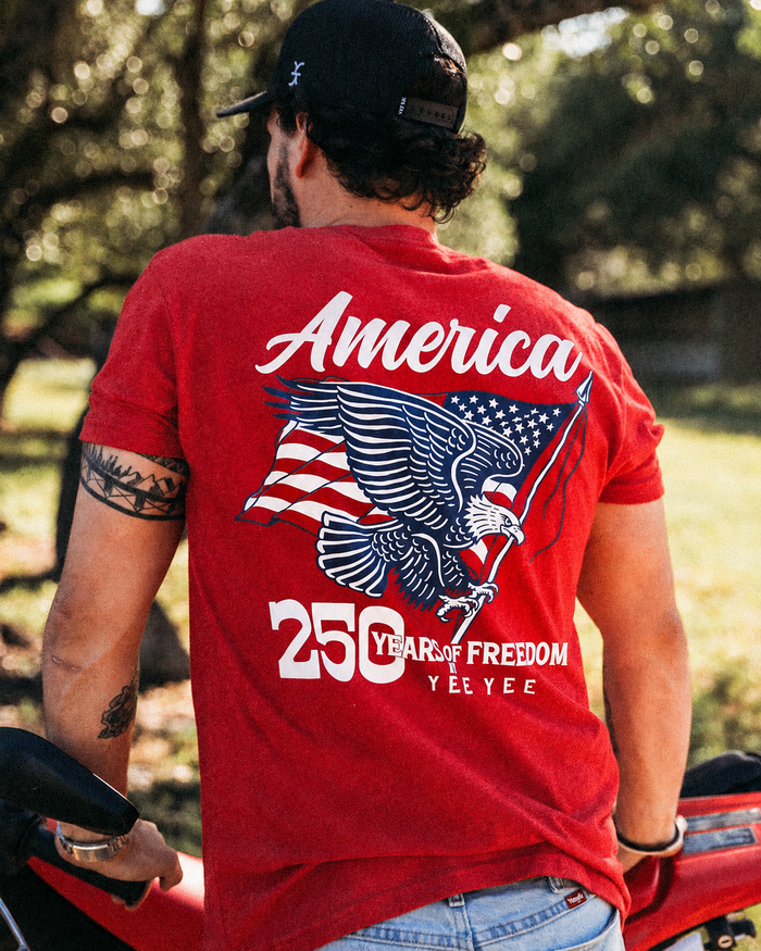 Person wearing a red t-shirt with an eagle and flag design, standing outdoors.
