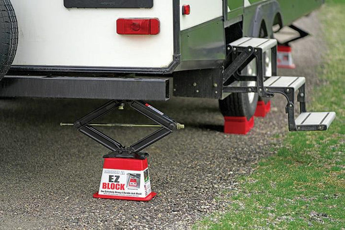 Red Andersen EZ Block Supporting RV Scissor Jack - In Use | United RV Parts