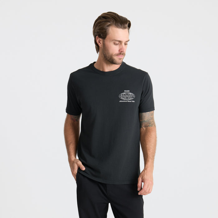 Black active shirt with unique sleeve design, perfect for outdoor adventures and travel, part of Roark's collection.