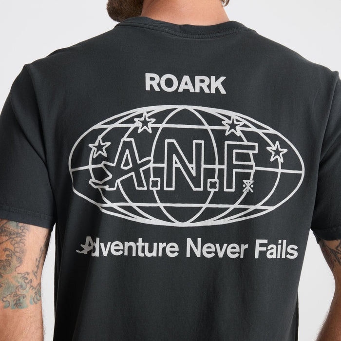 Close-up of a black active shirt sleeve, designed for outdoor adventures and travel, by Roark.
