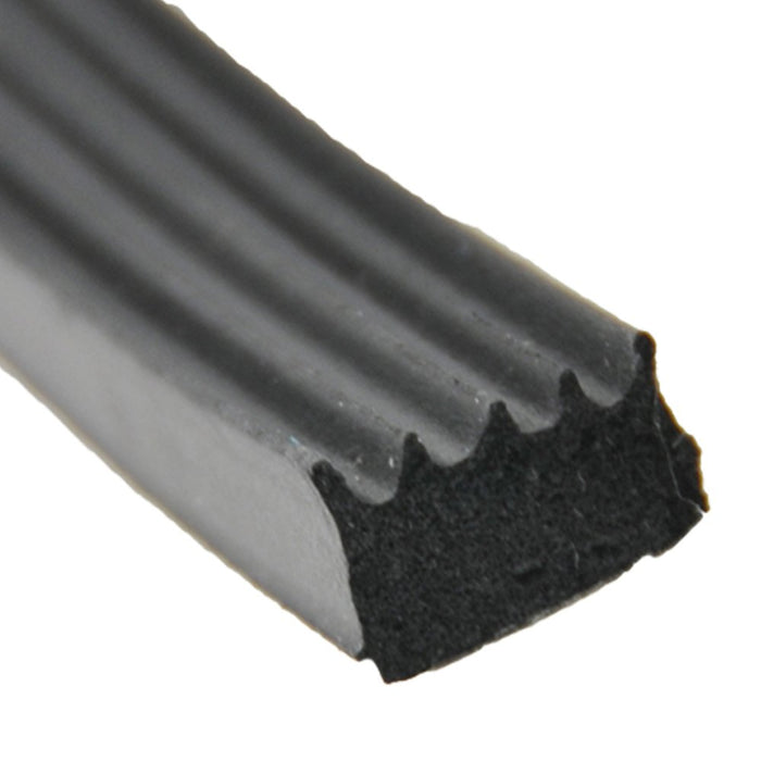 Black Ribbed Foam Seal with PSA Tape - Close-Up Cross Section Detail | United RV Parts