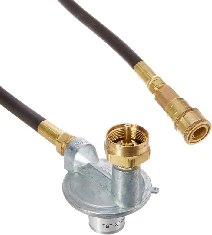 Silver & Brass LP Gas Regulator with Black Hose and Quick-Connect Fitting - Angled View | United RV Parts