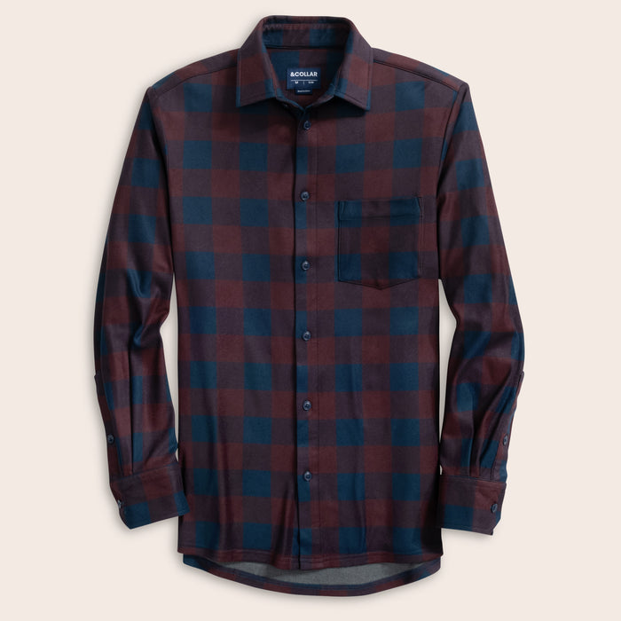 Mulberry plaid button-up flannel with red and blue pattern on a beige background