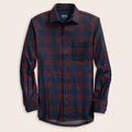 Mulberry plaid button-up flannel with red and blue pattern on a beige background
