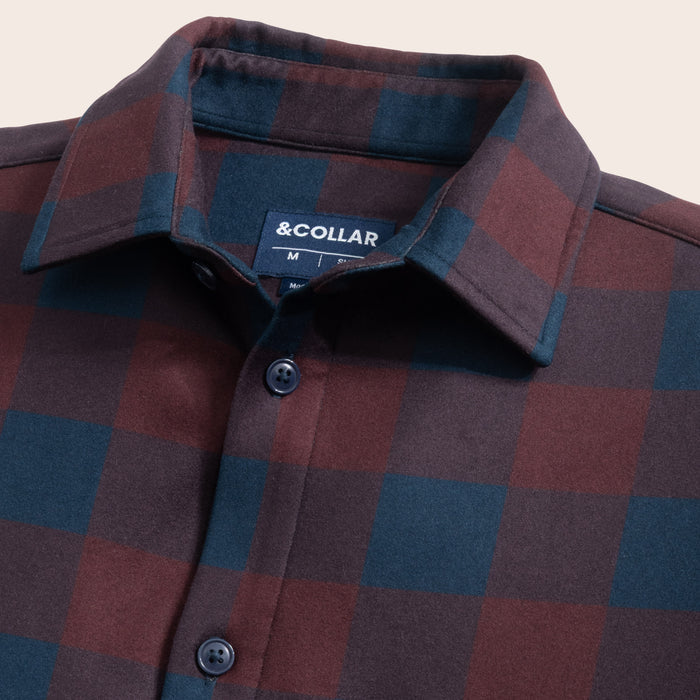 Mulberry plaid flannel (red and blue) shirt with collar and brand label on a light background