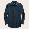 Storm blue flannel button-up shirt with a pocket on a beige background