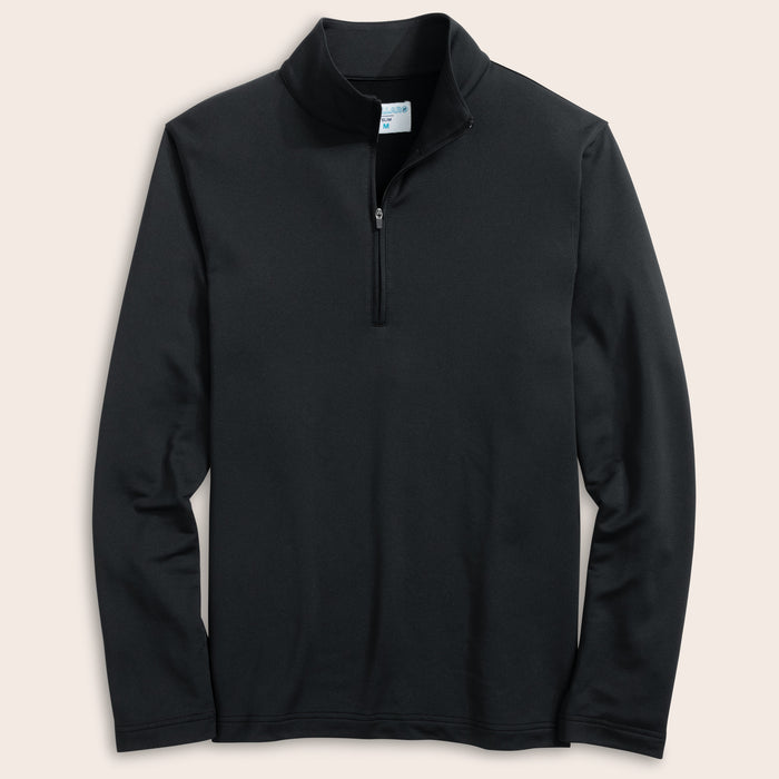 Jet black long-sleeve quarter zip on a beige background