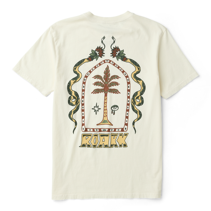 Cream-colored Roark Premium Tee featuring decorative palm tree design with snakes, horns, and symbolic graphics in center back print