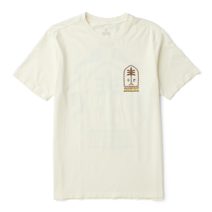 Cream-colored short-sleeve t-shirt with small embroidered palm tree logo and text on chest, displayed flat lay against white background